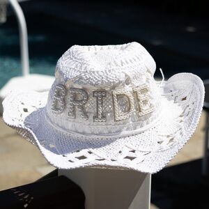 White Bride Crochet Hat, Bride Cowgirl Hat, Bridal Gift, Pearl Cowboy, Wedding